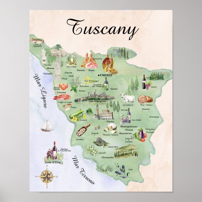 Poster Mapa de Tuscany em Aquarela com Comida e Pontos Tu (Frente)