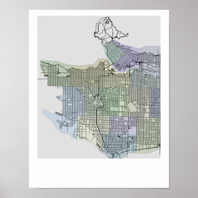 Poster Mapa de Vancouver com Cores Funciosas Vibrantes (Frente)