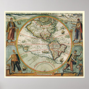 Poster Mapa de Velho Mundo antigo dos Americas, 1597
