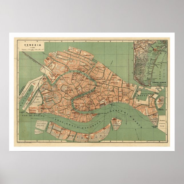 Póster Mapa de Veneza, Itália por volta de 1886 (Frente)