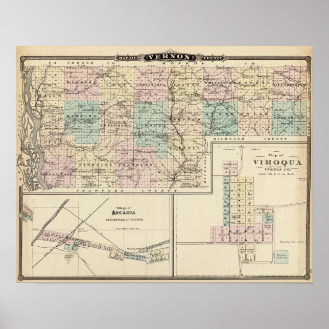 Póster Mapa de Vernon County, Arcadia e Viroqua (Frente)