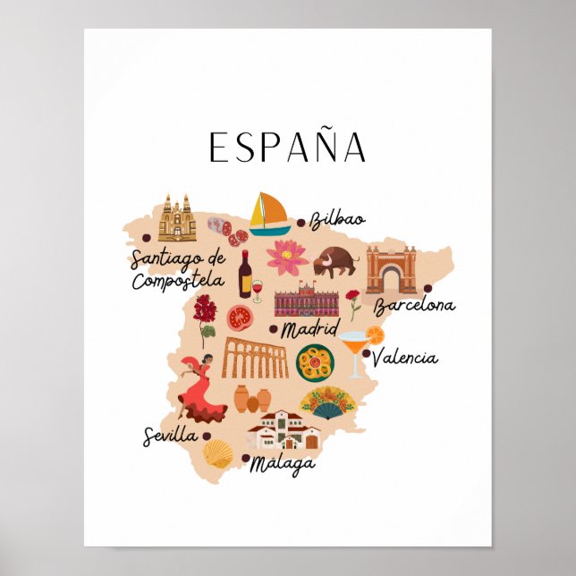 Poster Mapa de viagem da Espanha (Frente)