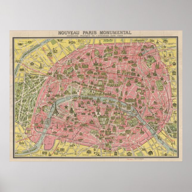Poster Mapa de Viagem de 1920 Sécic Sights de Paris, Fran (Frente)