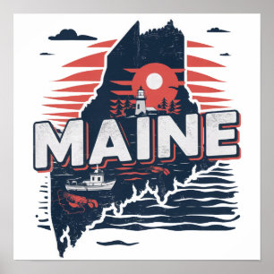 Poster Mapa de viagem do estado de Maine vintage EUA