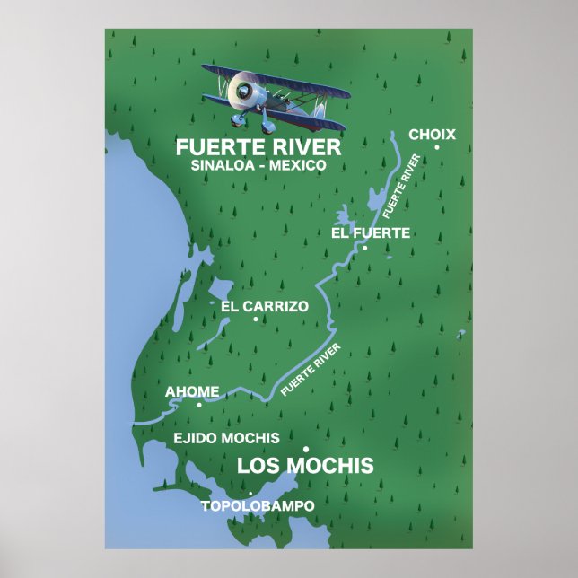 Poster Mapa de viagem do Rio Fuerte Sinaloa, México (Frente)