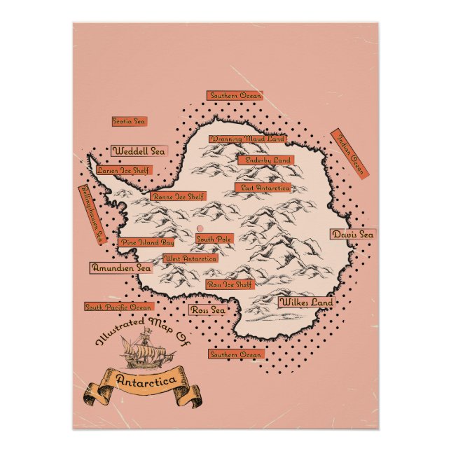 Póster Mapa de viagem ilustrado Antártica (Frente)