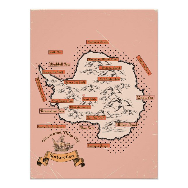 Póster Mapa de viagem ilustrado Antártica (Frente)