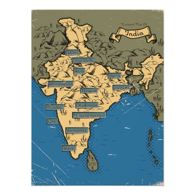 Póster Mapa de viagem ilustrado da Índia (Frente)