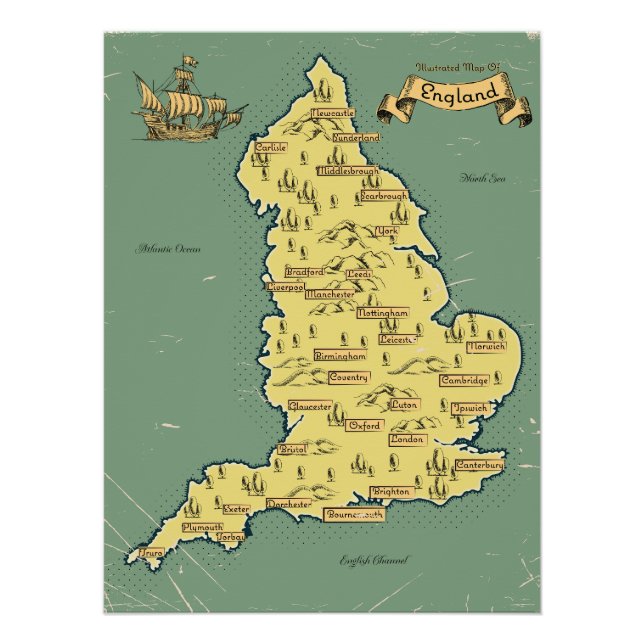 Póster Mapa de viagem ilustrado da Inglaterra (Frente)