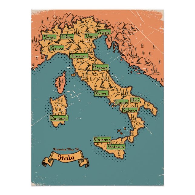 Póster Mapa de viagem ilustrado da Itália (Frente)