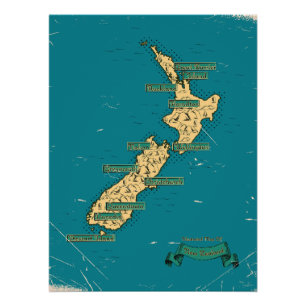 Póster Mapa de viagem ilustrado da Nova Zelândia