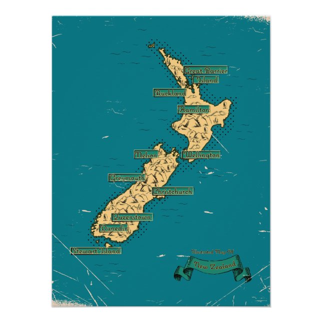 Póster Mapa de viagem ilustrado da Nova Zelândia (Frente)