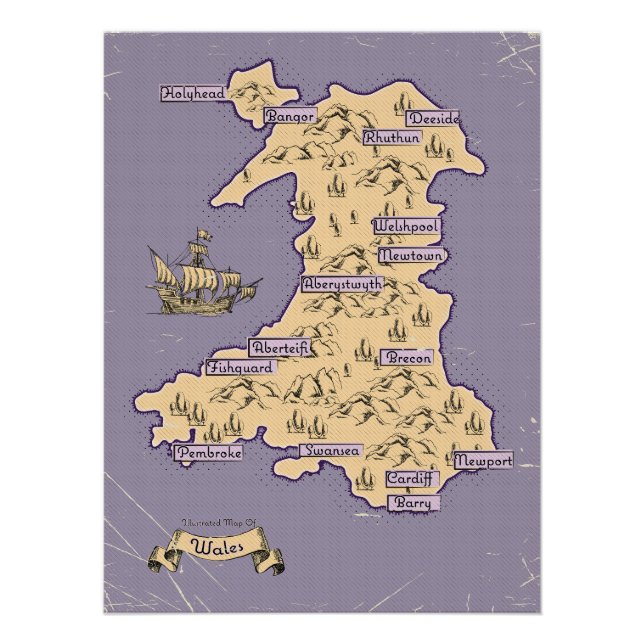 Póster Mapa de viagem ilustrado do País de Gales (Frente)