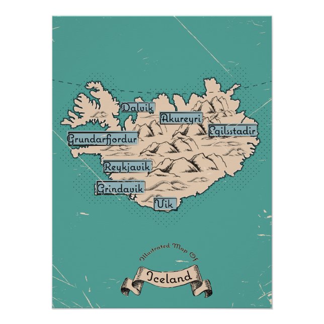 Póster Mapa de viagem ilustrado Islândia (Frente)