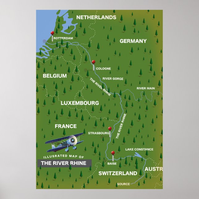 Poster Mapa de viagem retro do rio Reno. Cartaz (Frente)