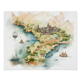 Póster Mapa de Viagens aquarela