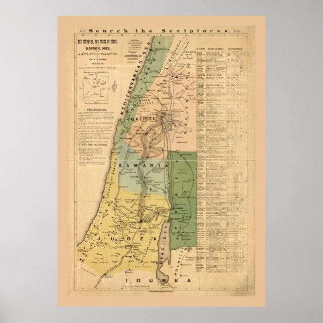 Poster Mapa de Viagens e Ações de Jesus (1881) (Frente)