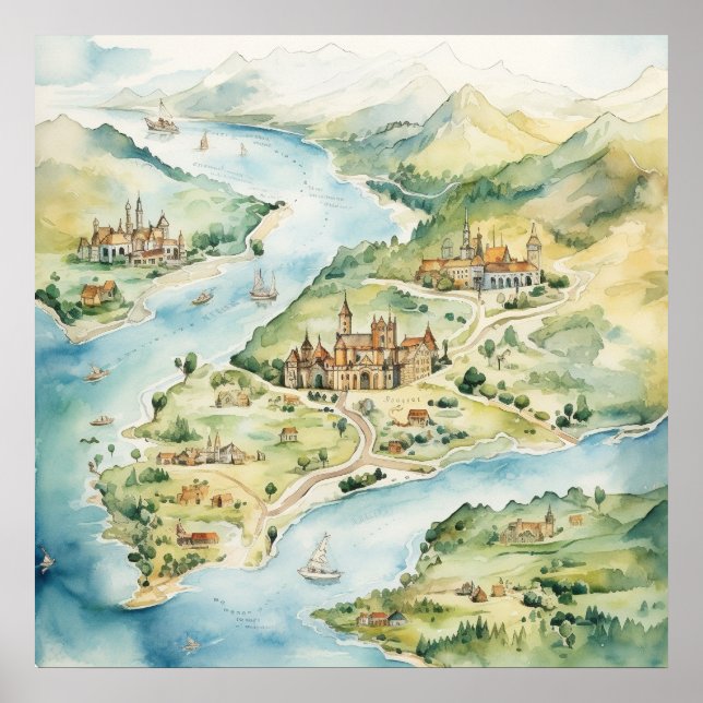 Poster Mapa de Viagens em Aquarela (Frente)