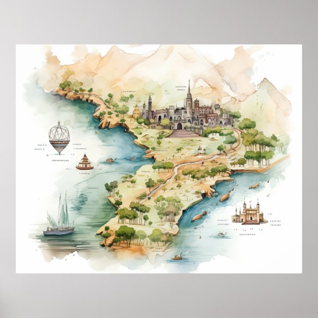 Poster Mapa de Viagens em Aquarela (Frente)