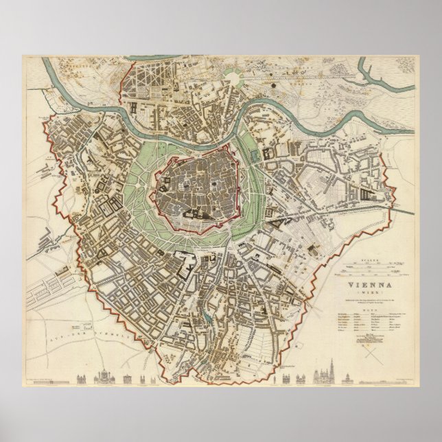 Póster Mapa de Viena da Áustria (1833) (Frente)