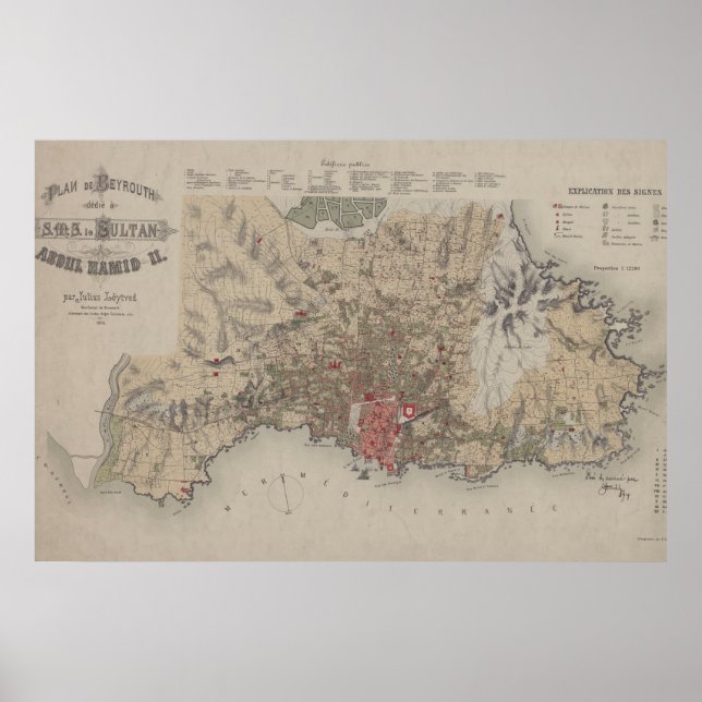 Poster Mapa de Vintage Beirute no Líbano (1876) (Frente)