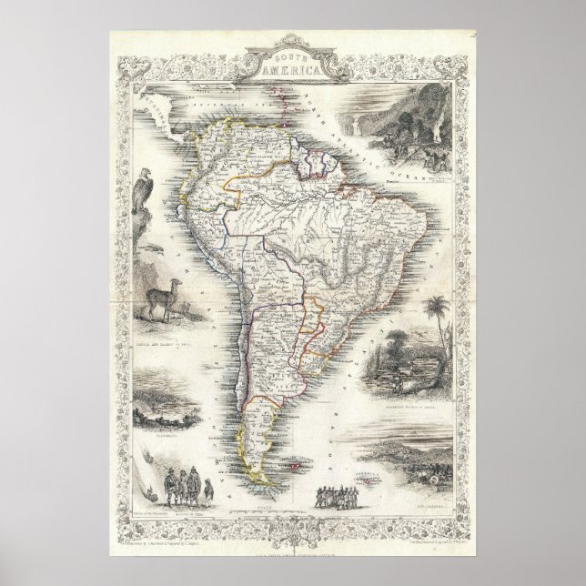 Póster Mapa de Vintage da América do Sul (1850) (Frente)