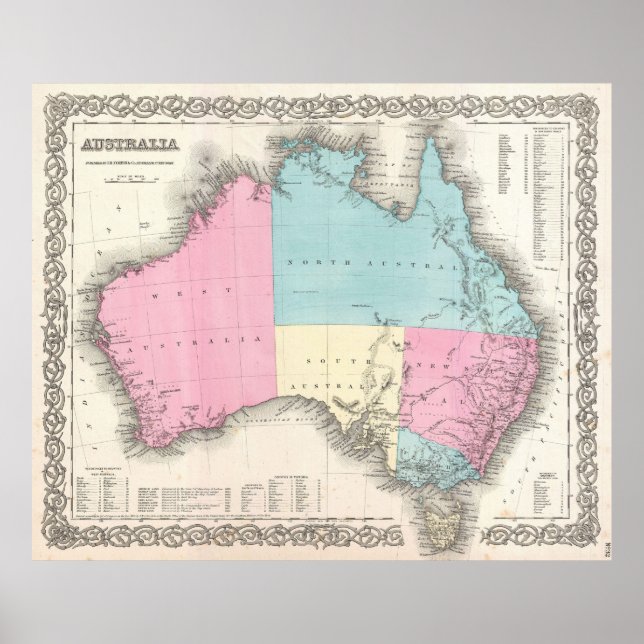 Póster Mapa de Vintage da Austrália (1855) (Frente)