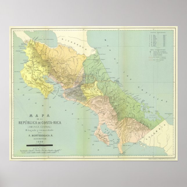 Poster Mapa de Vintage da Costa Rica (Frente)