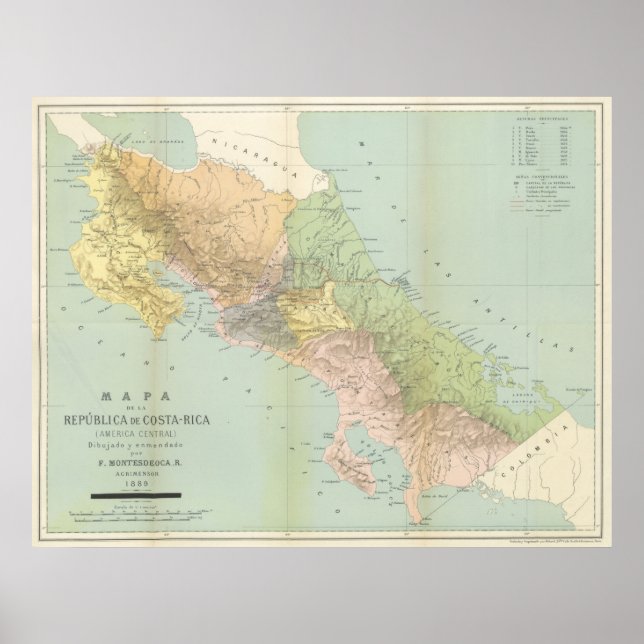 Poster Mapa de Vintage da Costa Rica (1889) (Frente)