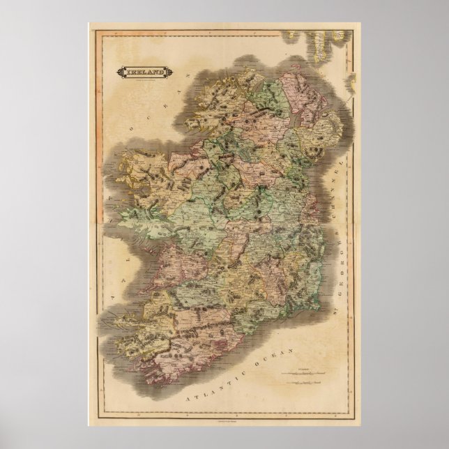 Póster Mapa de Vintage da Irlanda (1831) (Frente)