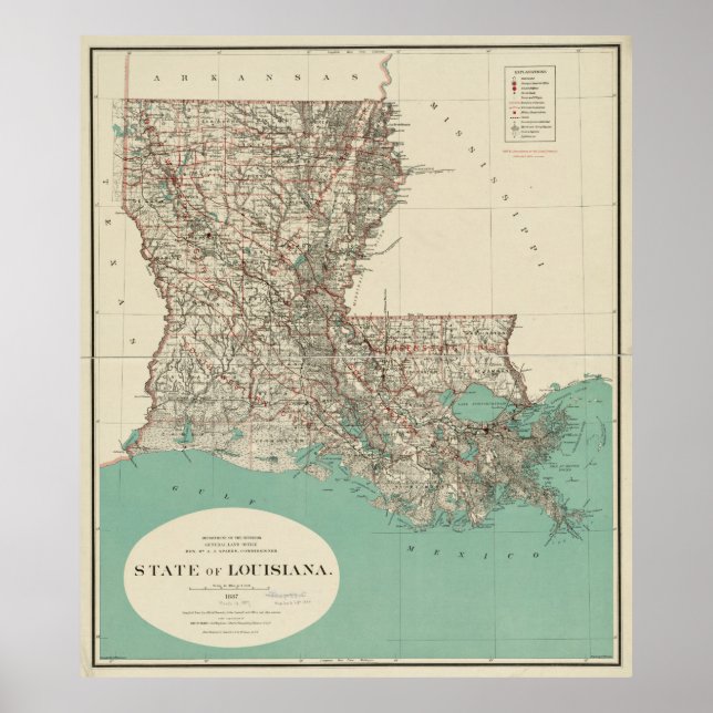Poster Mapa de Vintage da Louisiana (1887) (Frente)