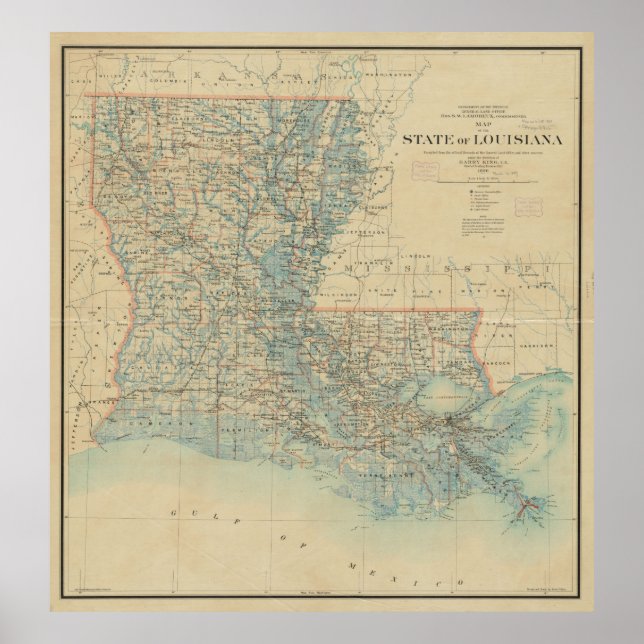 Poster Mapa de Vintage da Louisiana (1896) (Frente)