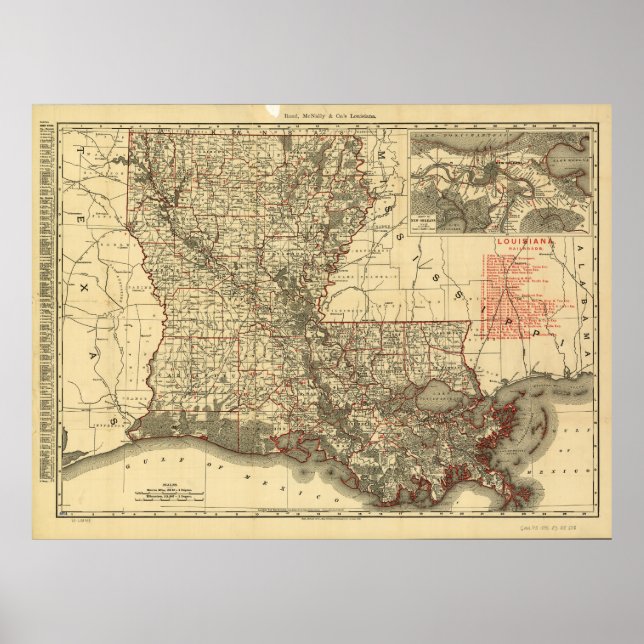 Poster Mapa de Vintage da Louisiana (1896) (Frente)