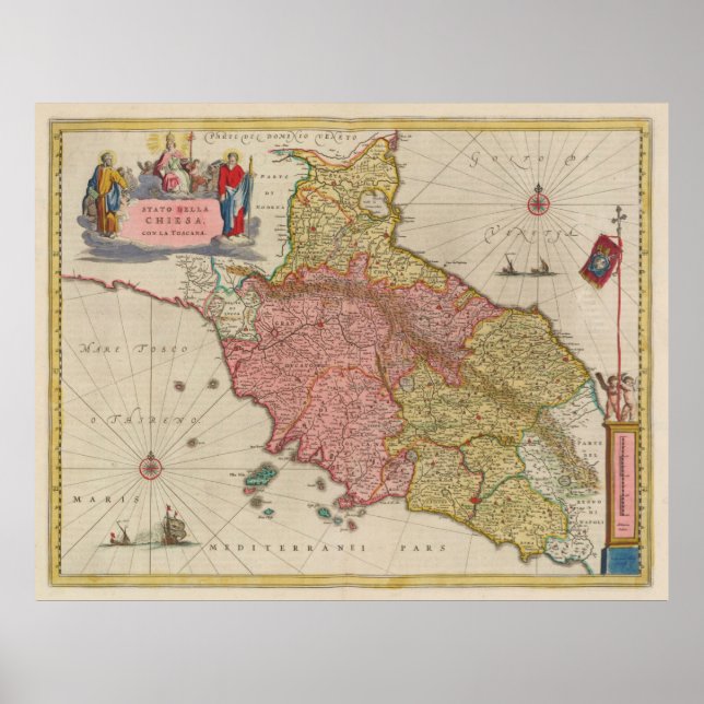 Poster Mapa de Vintage da Toscana Itália (1665) (Frente)