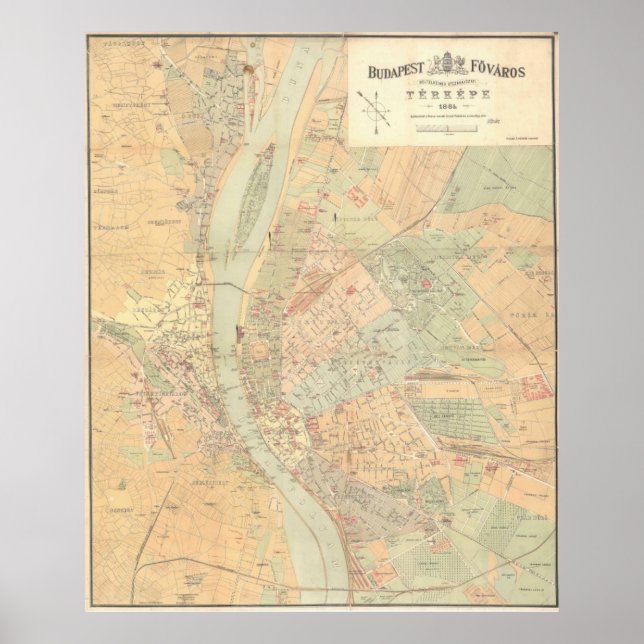 Poster Mapa de Vintage de Budapeste na Hungria (1884) (Frente)