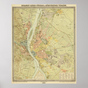 Poster Mapa de Vintage de Budapeste na Hungria (1900)