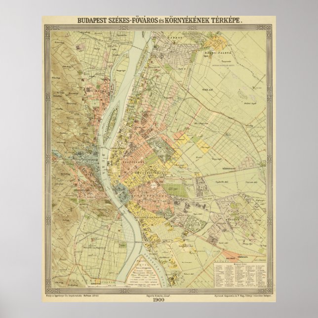 Poster Mapa de Vintage de Budapeste na Hungria (1900) (Frente)