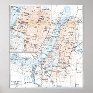 Poster Mapa de Vintage de Calcutá Índia (1914)