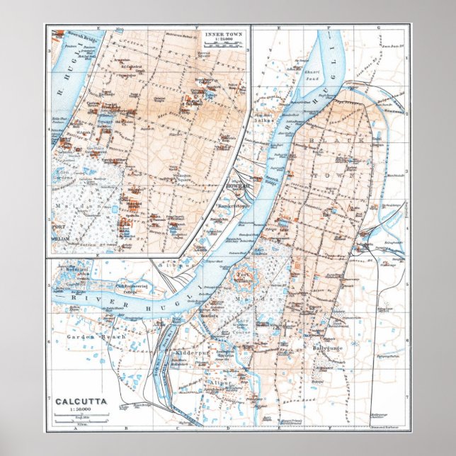 Poster Mapa de Vintage de Calcutá Índia (1914) (Frente)