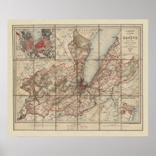 Poster Mapa de Vintage de Genebra por volta de 1900