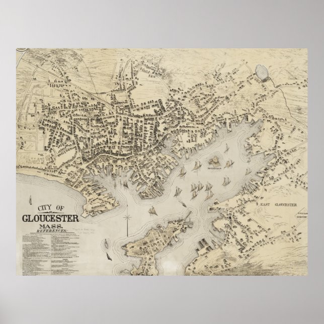 Póster Mapa de Vintage de Gloucester Massachusetts (1873) (Frente)