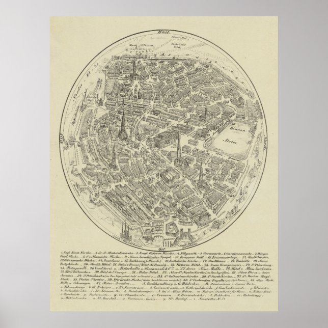 Poster Mapa de Vintage de Hamburgo Alemanha (1850) (Frente)