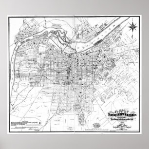Poster Mapa de Vintage de Louisville Kentucky (1873) BW