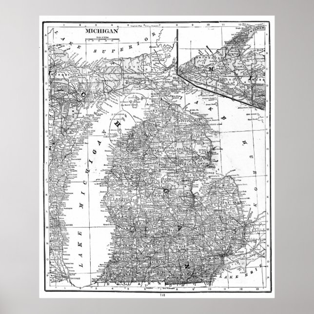 Póster Mapa de Vintage de Michigan (1909) BW (Frente)
