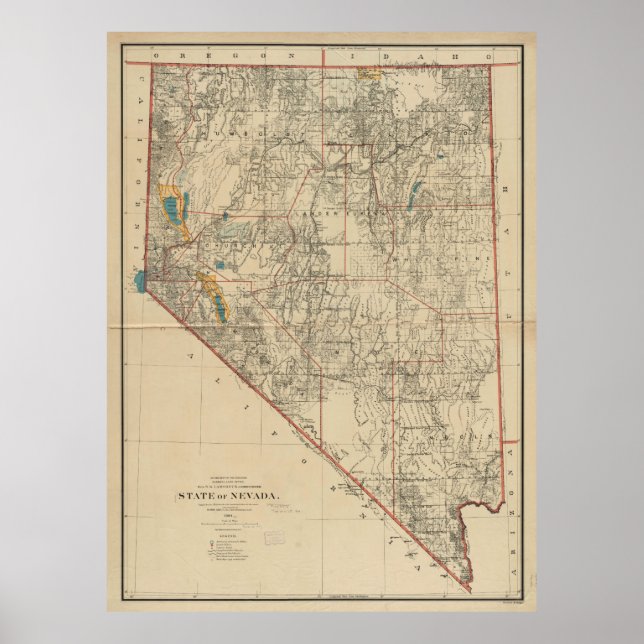 Póster Mapa de Vintage de Nevada (1894) (Frente)