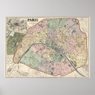 Poster Mapa de Vintage de Paris, França, 1878