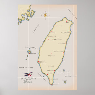 Poster Mapa de Vintage de Taiwan