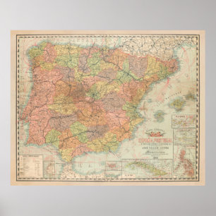 Poster Mapa de Vintage de Territórios Espanhas e Espanhói