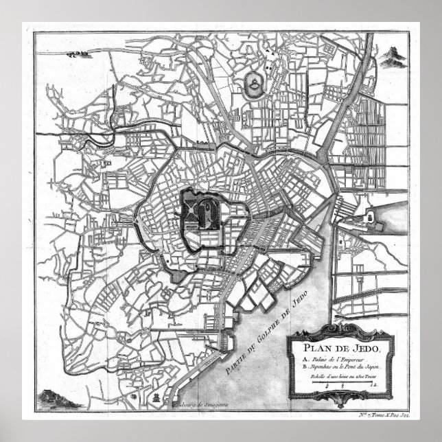 Poster Mapa de Vintage de Tóquio Japão (1752) BW (Frente)