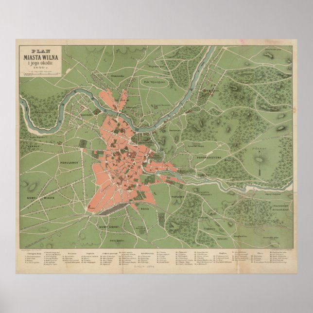 Poster Mapa de Vintage de Vilnius, Lituânia (1890) (Frente)
